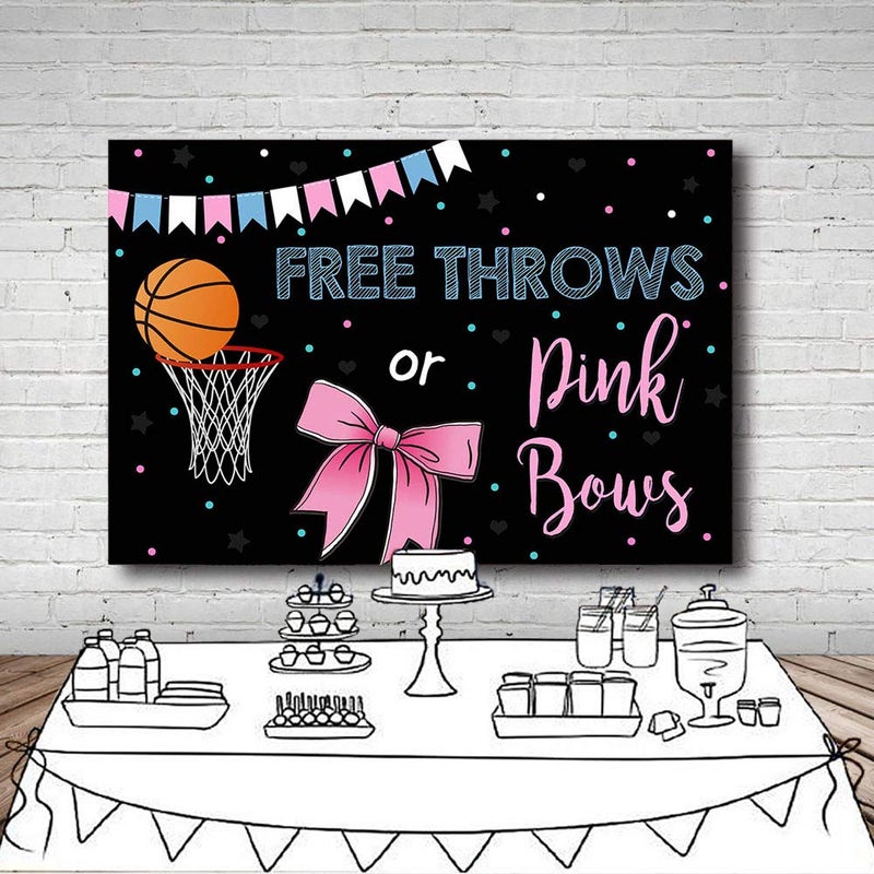 MEHOFOND MEHOFOTO Free Throws or Pink Bows Gender Reveal Party Photo Background Props Basketball or Bow Baby Shower Boy or Girl Blue Pink Decoration Black Backdrops Banner for Dessert Table 7x5ft - Image 5